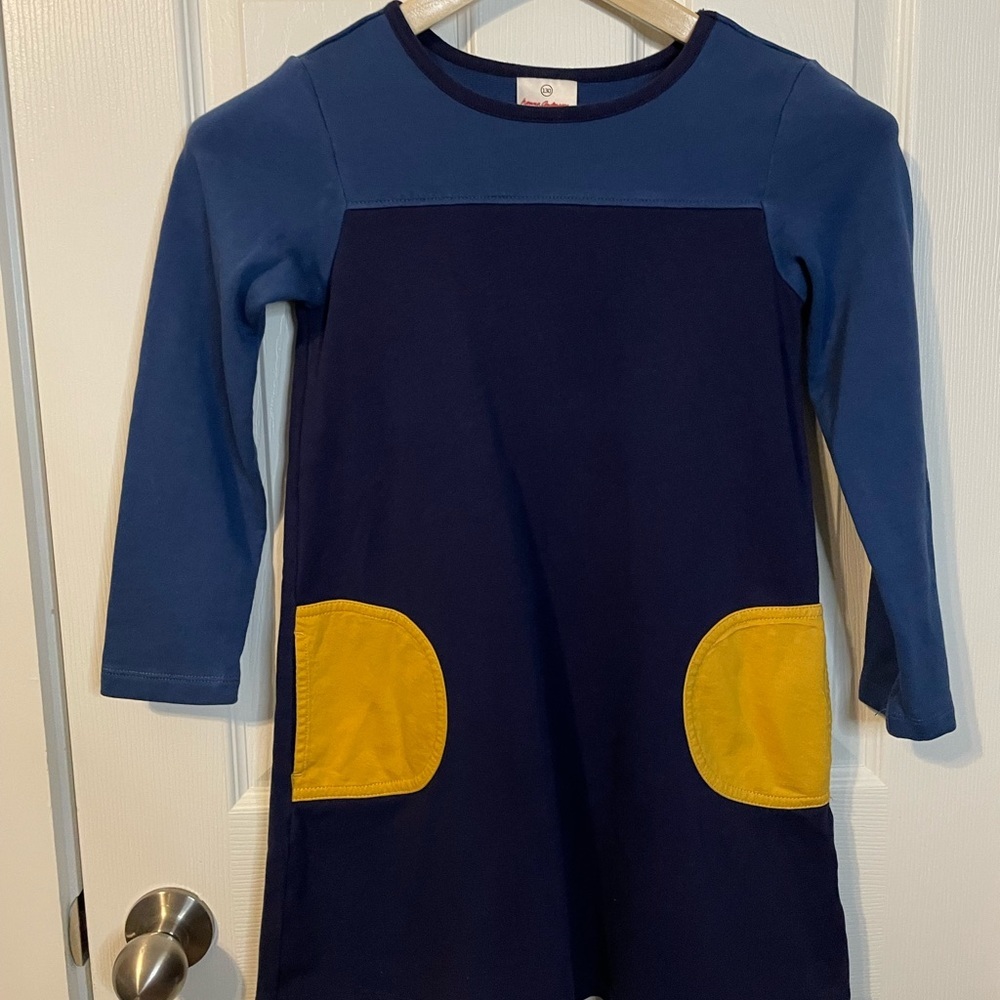 Hanna Andersson blue long sleeve block dress w/ yellow pockets sz 130 (8 US) - Picture 2 of 12